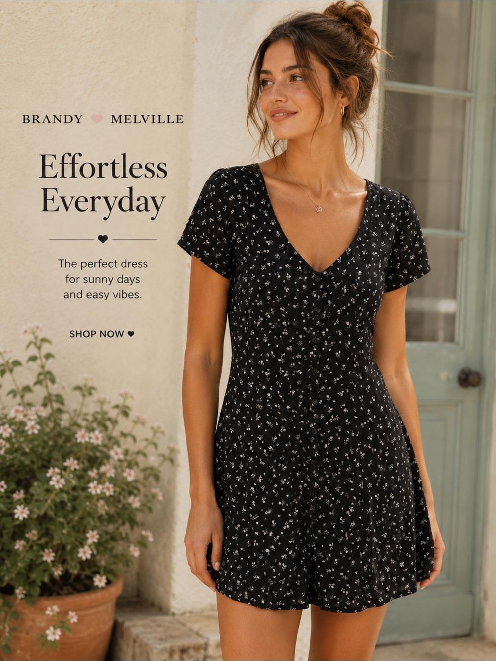 Brandy Melville Black Mini Dress with White Floral Print